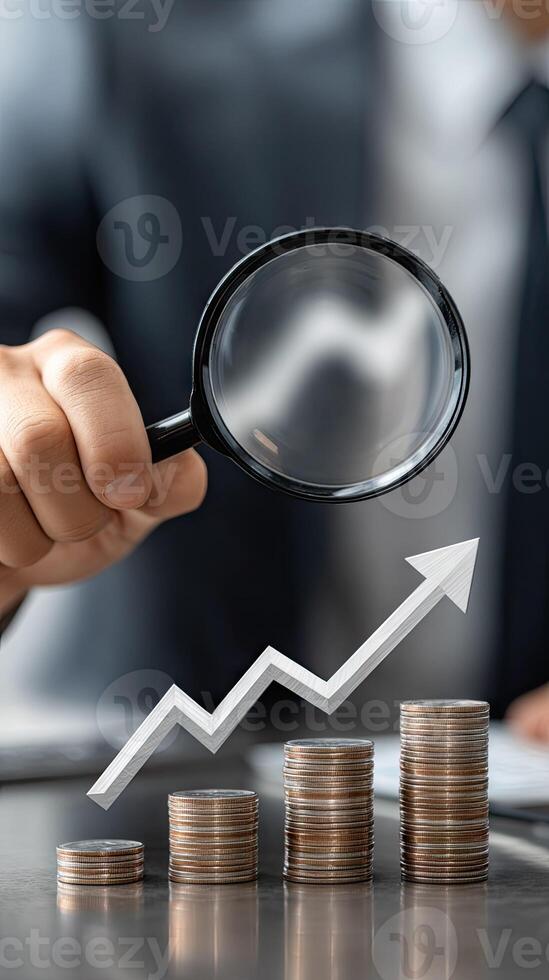 Businessman holding magnifying glass over stacks of coins photo
