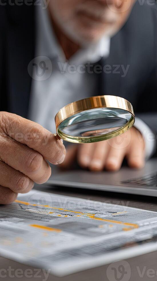 Man in suit looking at financial documents with magnifying glass photo