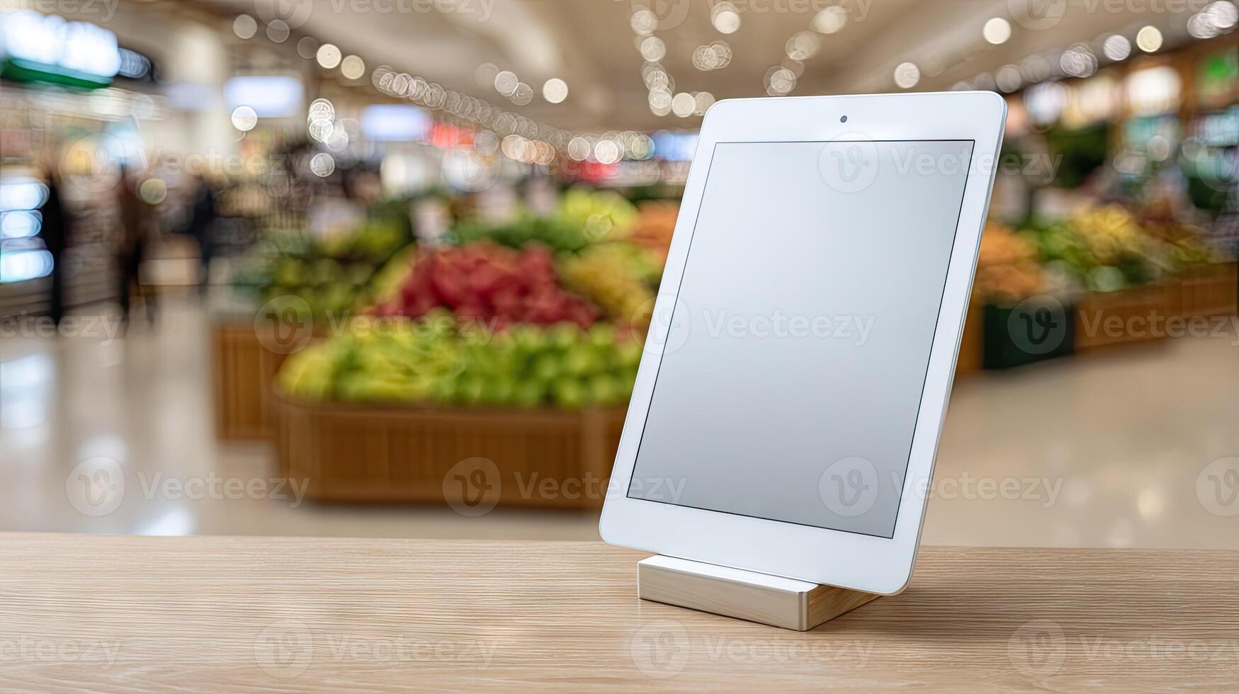Tablet display mockup on wooden table in supermarket photo