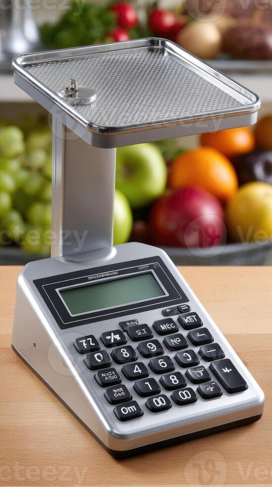 A kitchen scale with a display on top of it photo