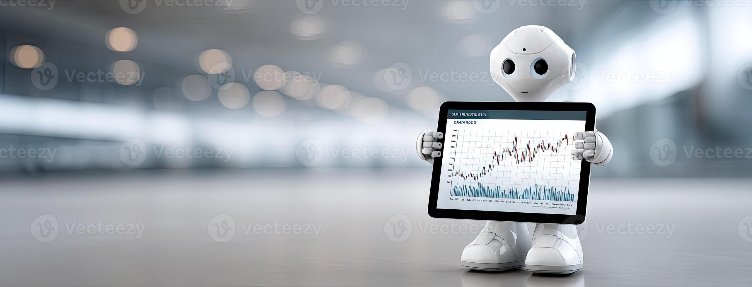 A robot is holding a tablet with a graph on it photo