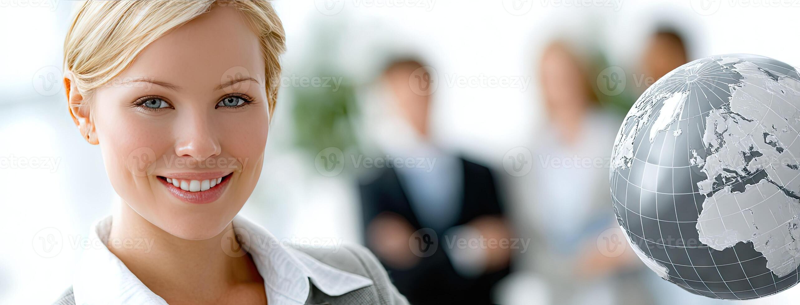 A woman is smiling with a globe in front of her photo