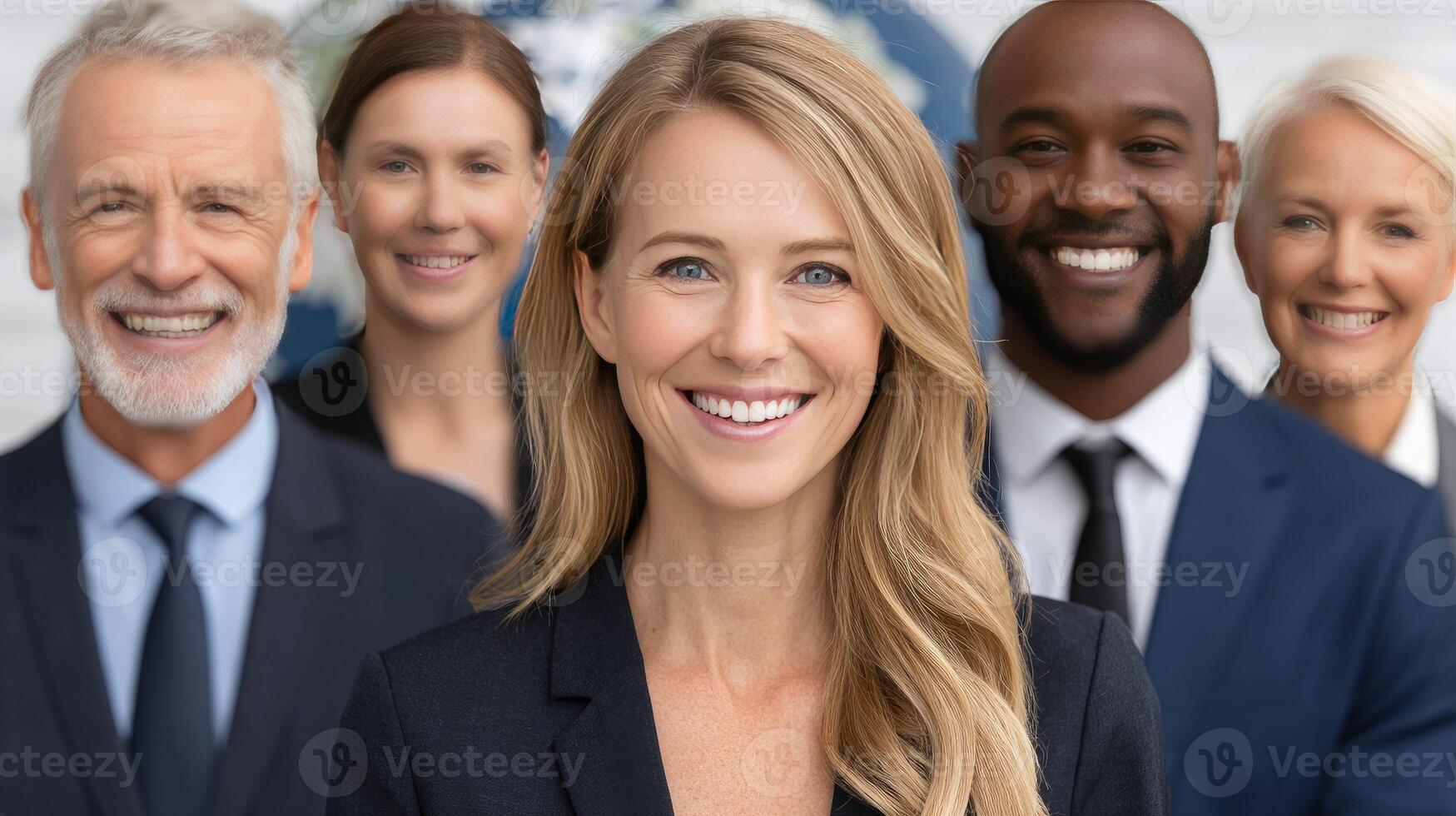 A group of business people are standing in front of a globe photo
