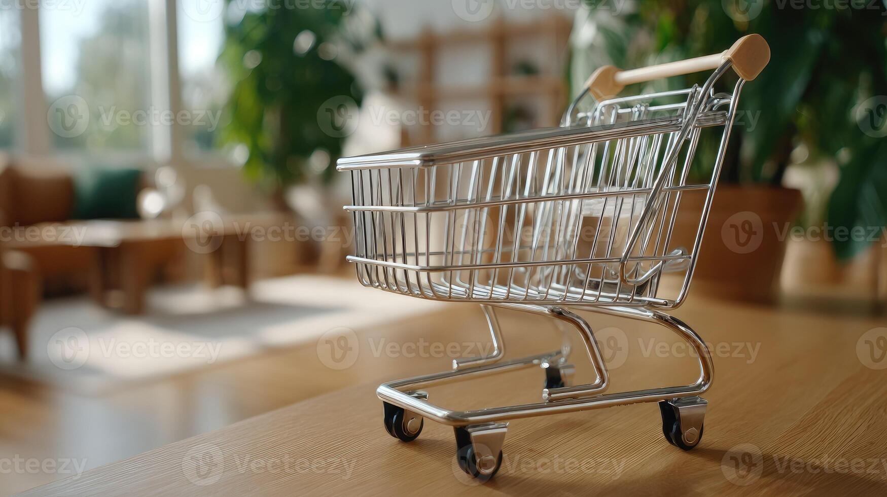 A small shopping cart is sitting on a table photo