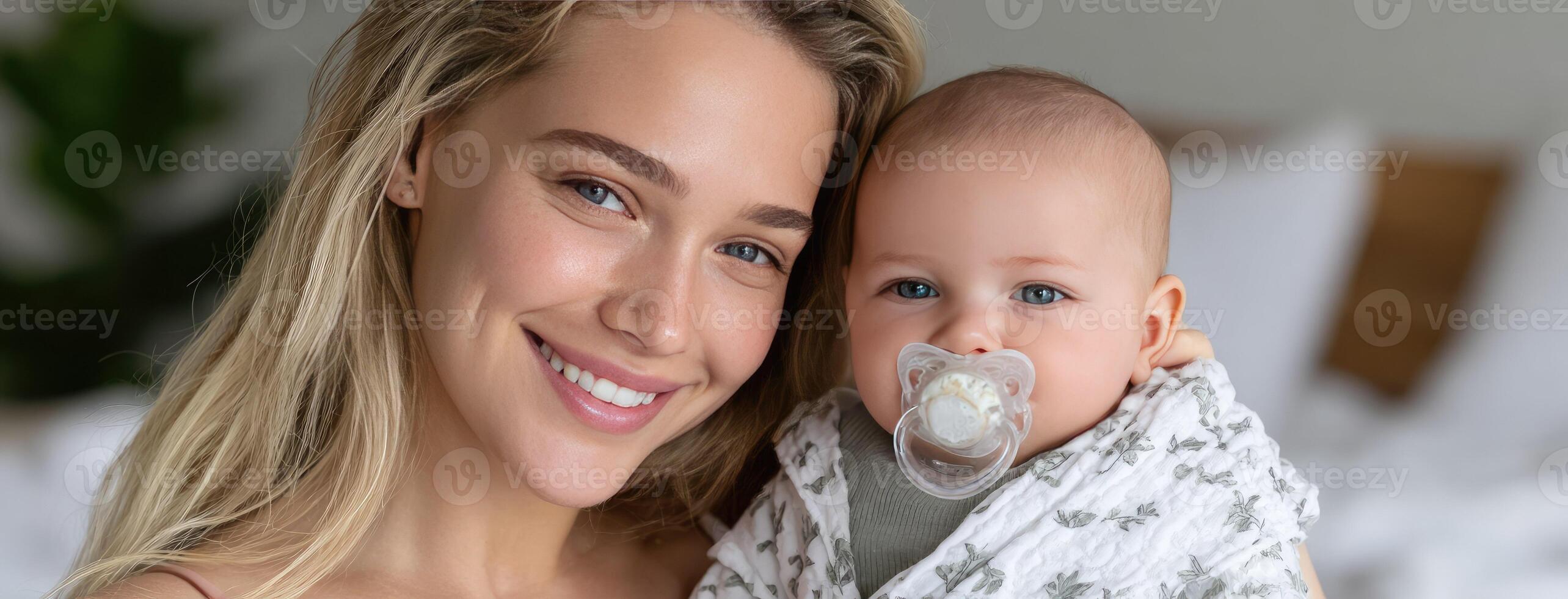 A woman holding a baby with a pacifier photo