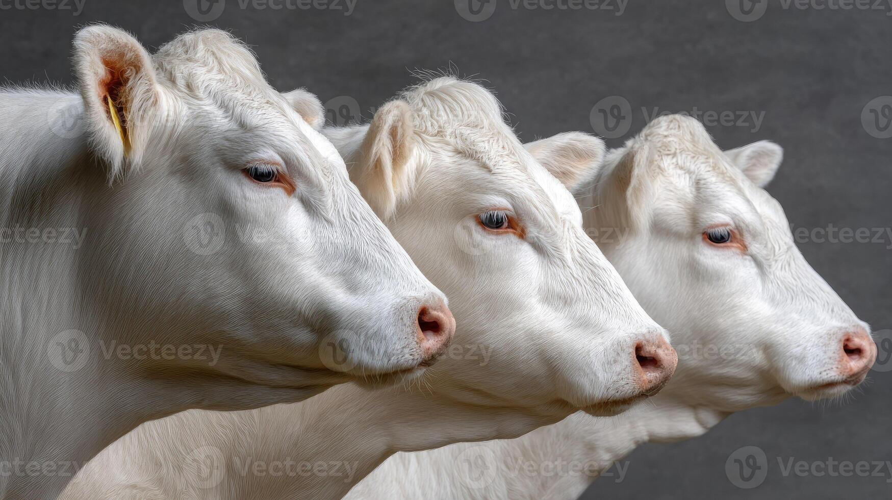 Three white cows standing in a row photo