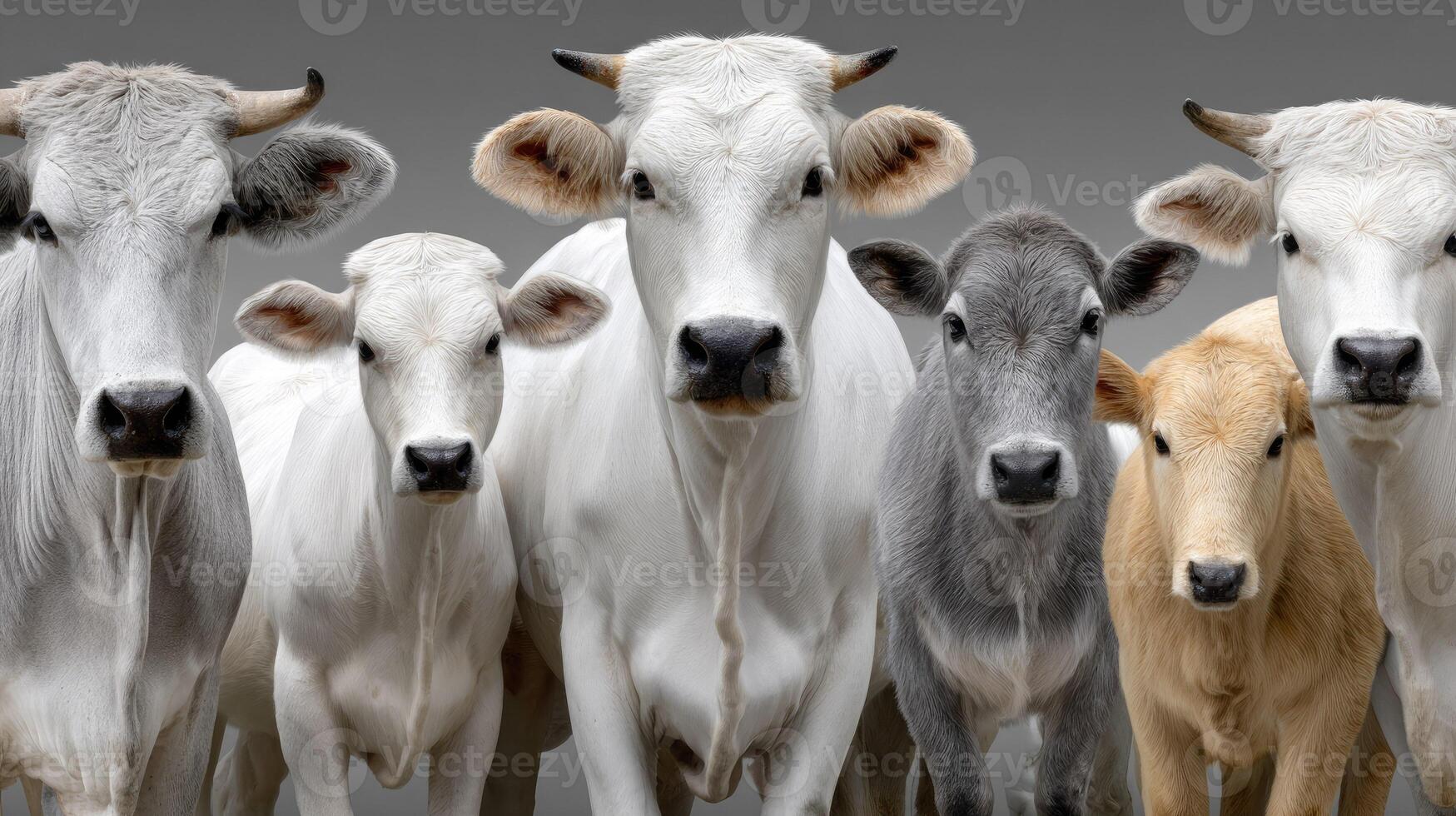 A group of white and brown cows standing together photo