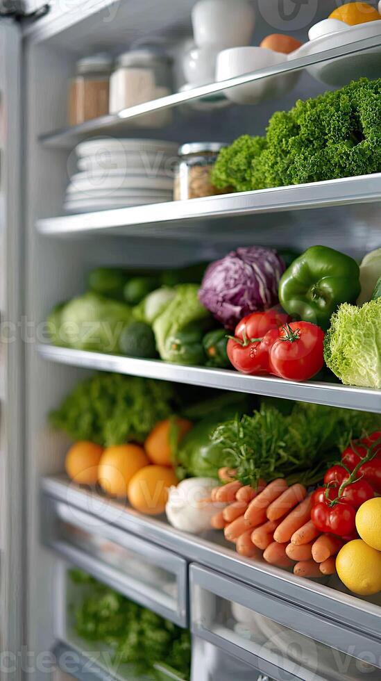 A refrigerator with a variety of vegetables and fruits photo