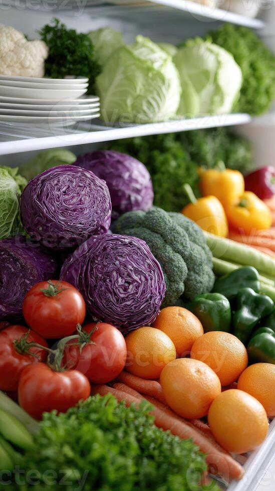 A refrigerator filled with fresh vegetables and fruits photo