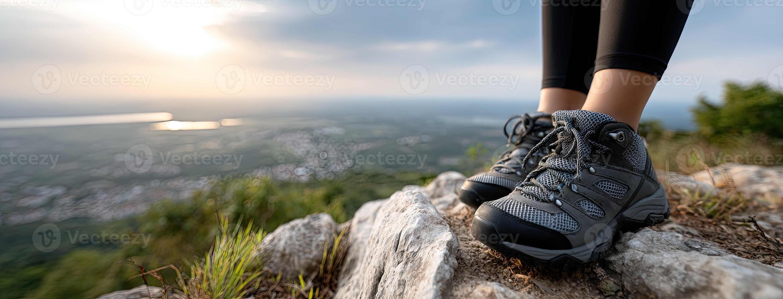 A person wearing hiking shoes standing on a rock photo