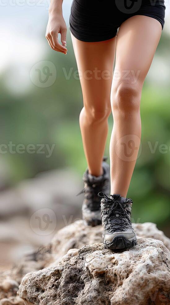 A woman in black shorts and black shoes is walking on a rock photo