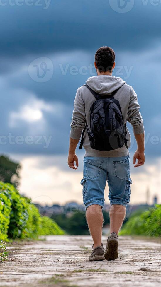 A man with a backpack walking down a path photo