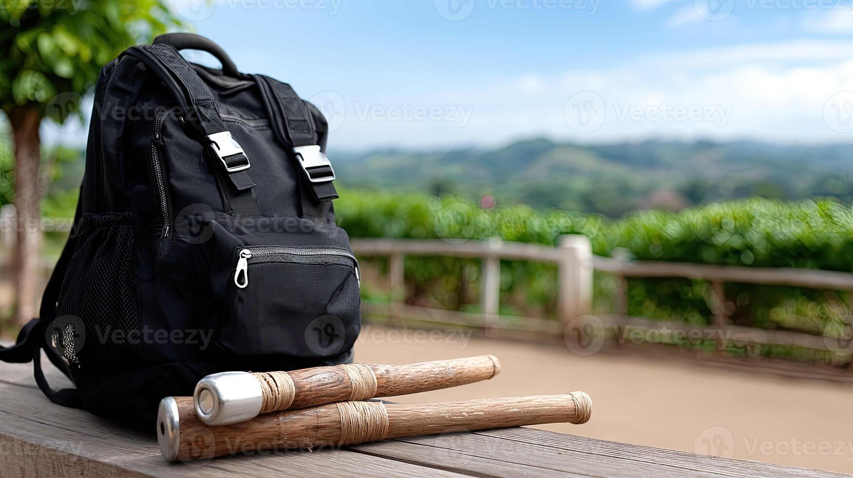 A backpack and two bamboo sticks on a wooden bench photo