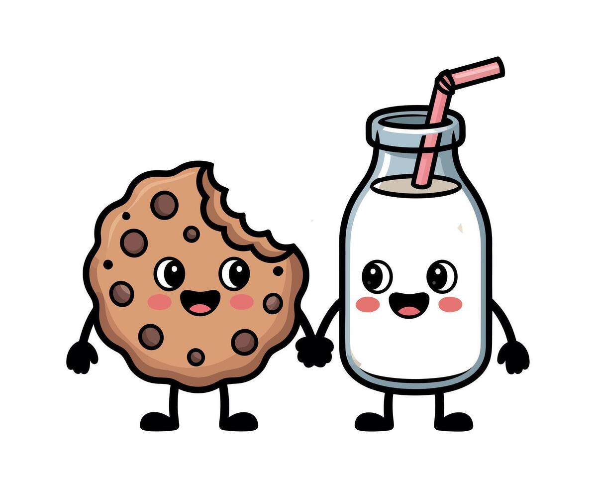 Cute cartoon cookie and milk bottle holding hands on white beckground vector