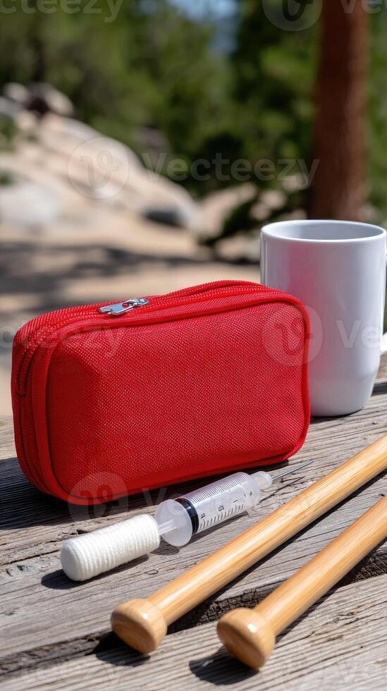 A red bag with a cup and two sticks photo