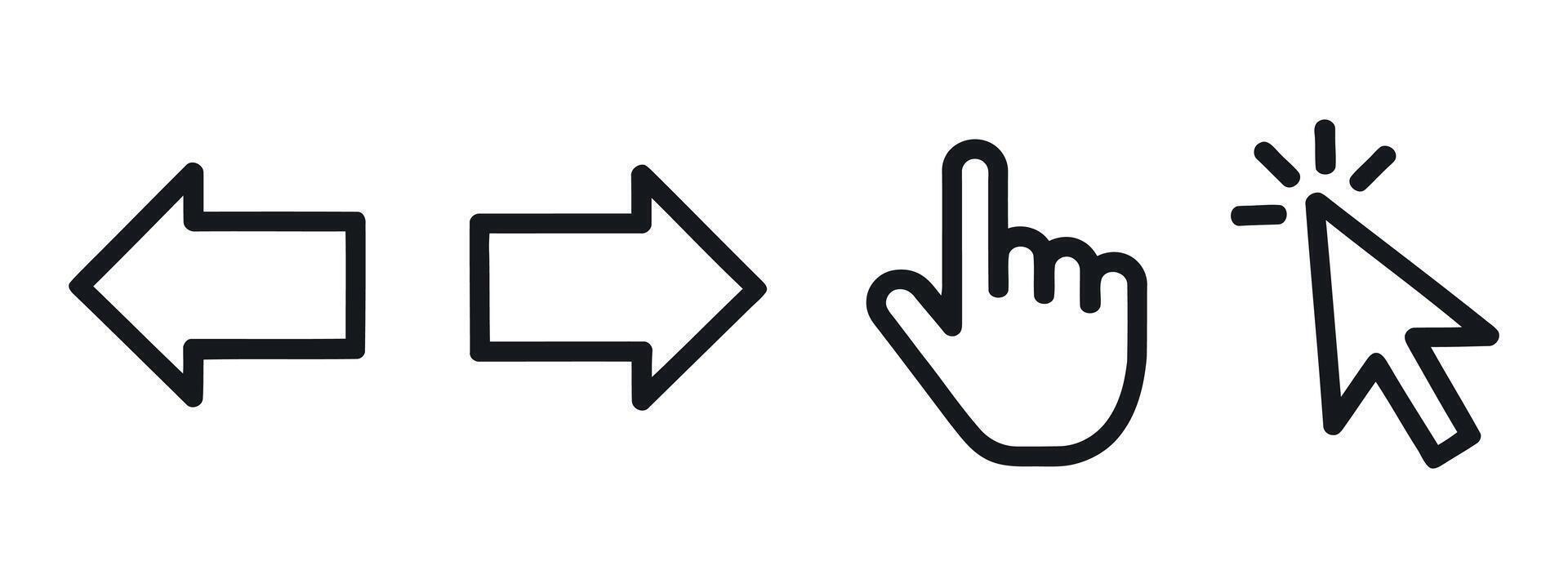 Set of simple black and white navigation arrows and cursor icons vector