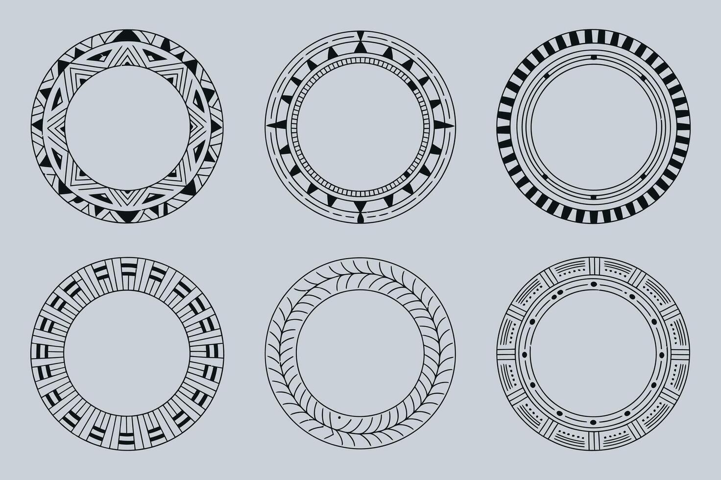 Set of Six Decorative Circular Frames in Tribal Style vector