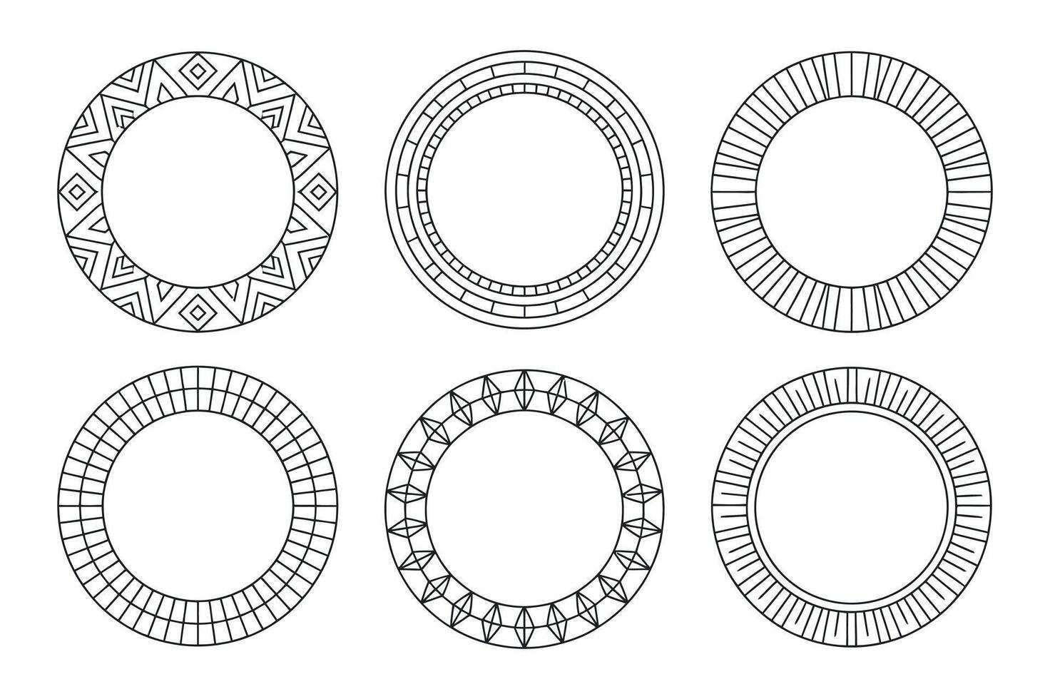 Set of six decorative circular frames with various geometric patterns vector