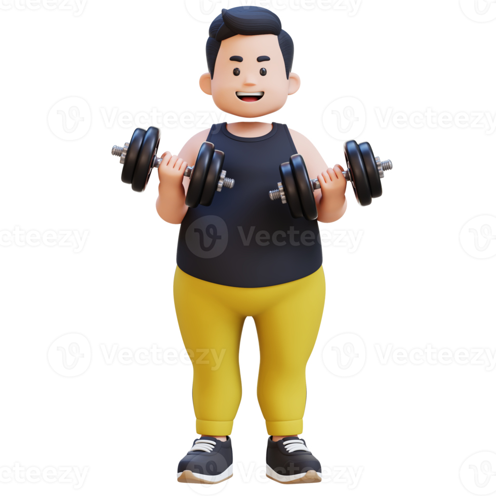 3D Plus Size Overweight obesse man bicep Exercising with Dumbbells png