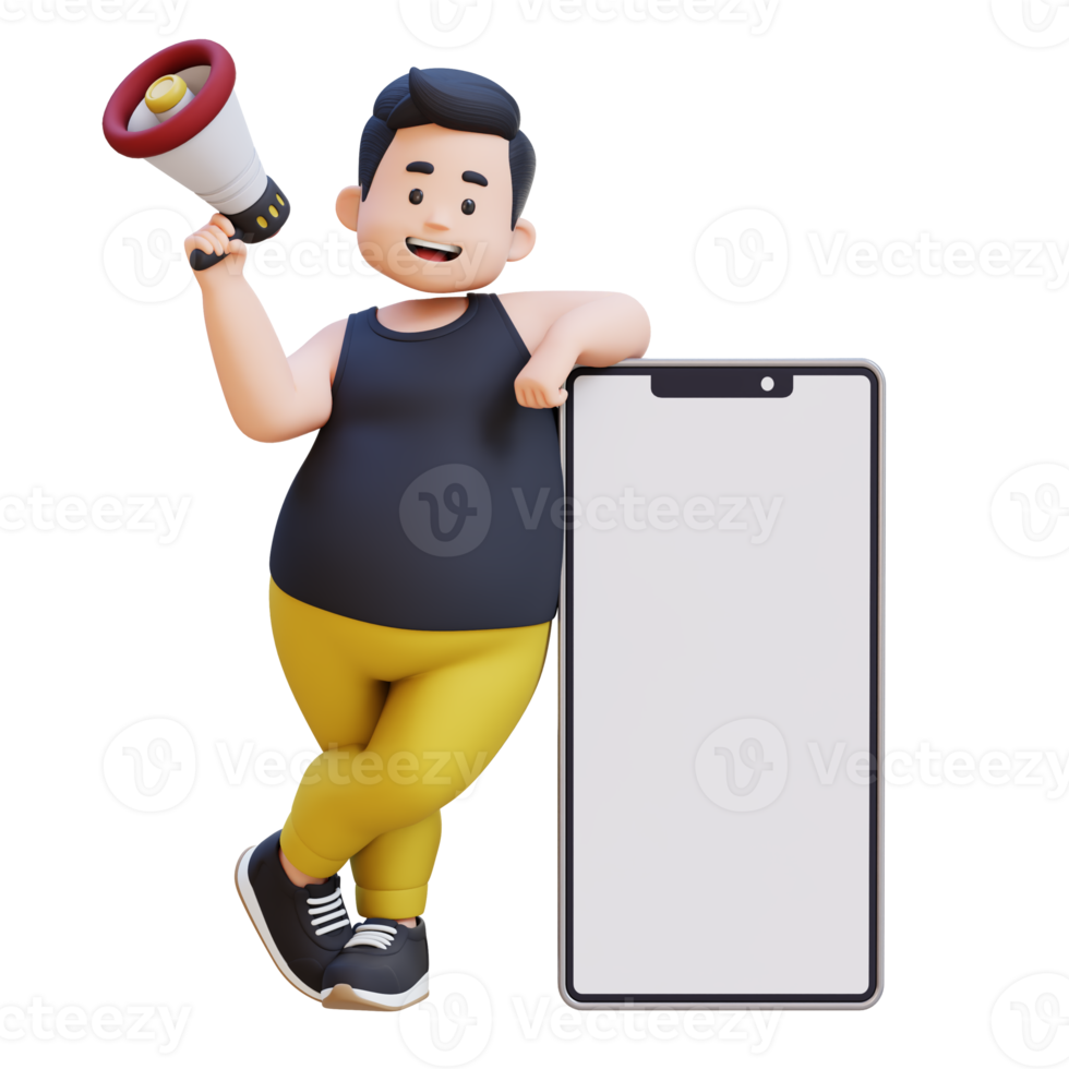 3D plus size overweight obesse man with megaphone and smartphone png