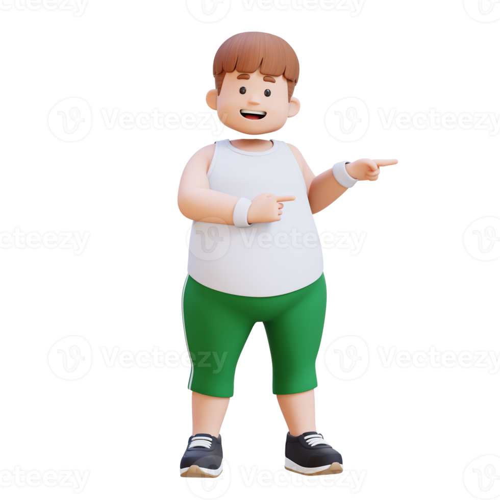 3D plus size overweight man character pointing to side png