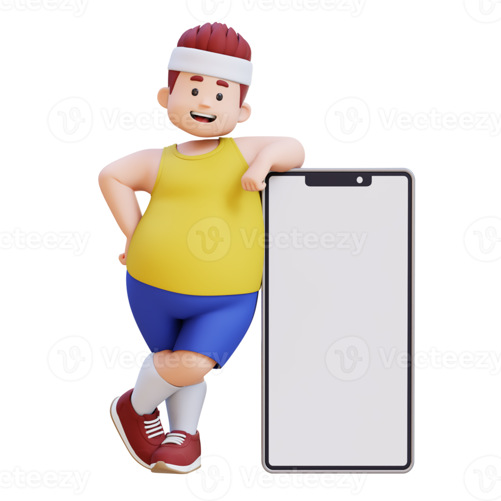3D plus size overweight big man Leaning on a Smartphone png