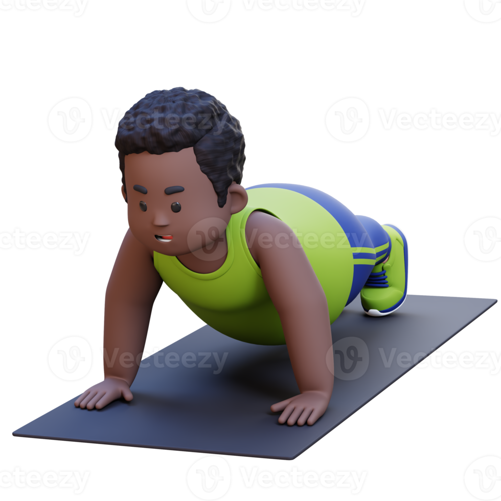 3D Plus Size Overweight obesse african man Doing Push Ups on a Mat png