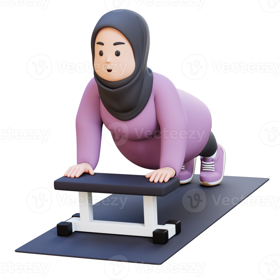 3D Plus Size Overweight muslim woman Doing Incline Push Ups png