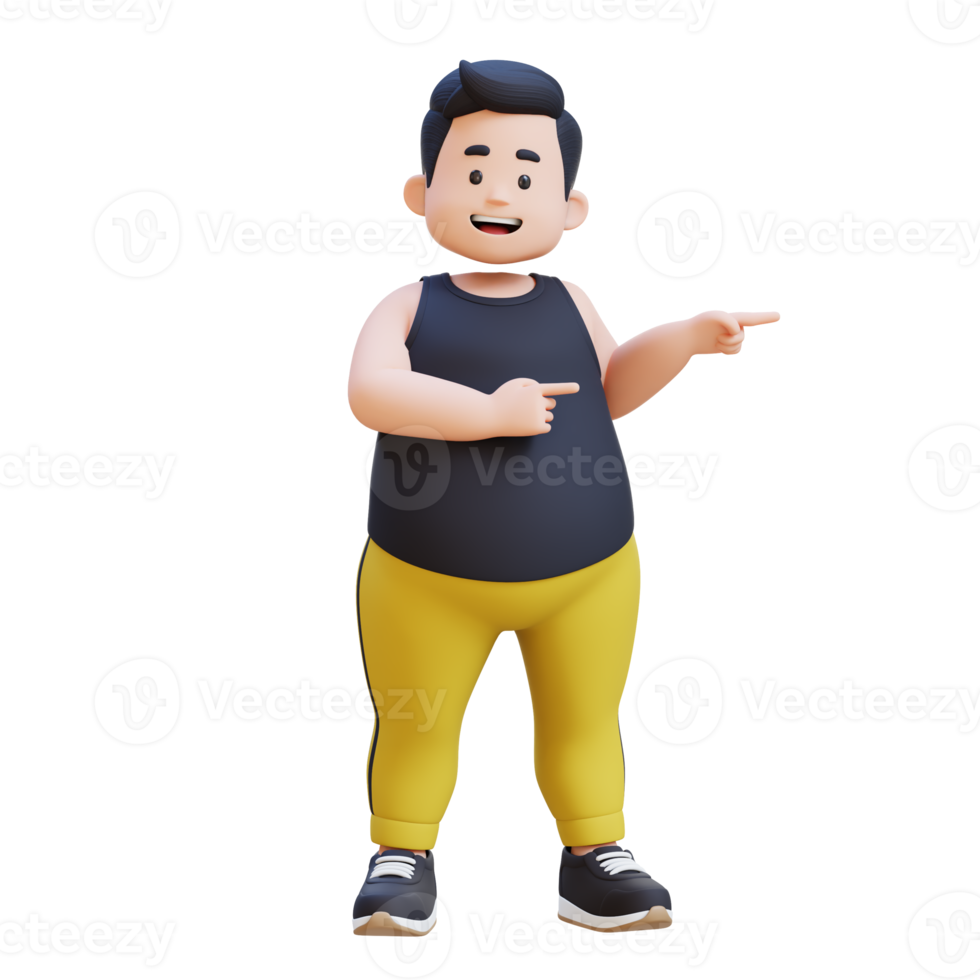 3D plus size overweight obesse man pointing to side png