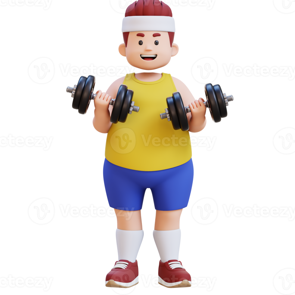 3D Plus Size Overweight big man bicep Exercising with Dumbbells png