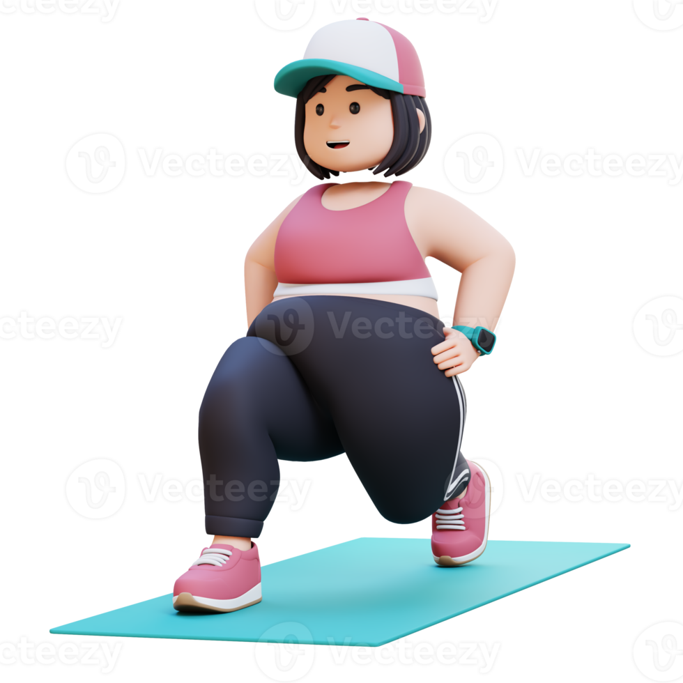 3D Plus Size Overweight girl Dynamic Lunges Exercise on Yoga Mat png