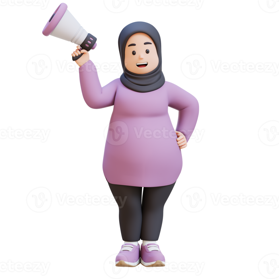 3D Cartoon of a Happy Chubby muslim woman Announcing with Megaphone png