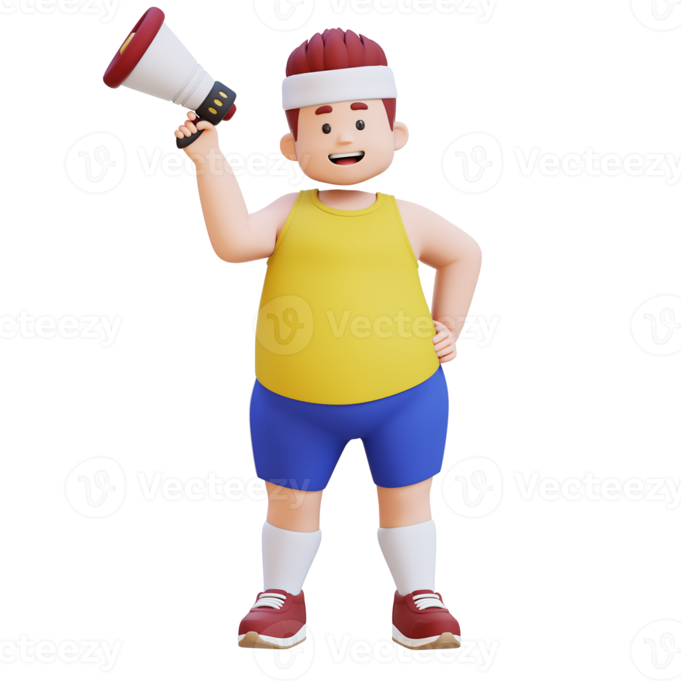 3D Cartoon of a Happy Chubby big man Announcing with Megaphone png
