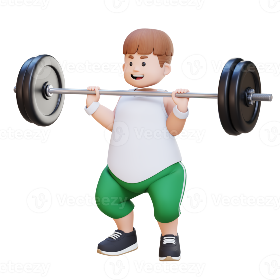 3D Plus Size Overweight Man character workout with barbell png