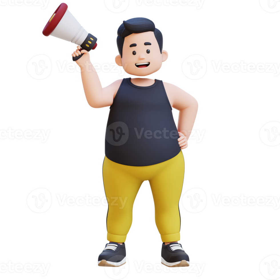 3D Cartoon of a Happy Chubby obesse man Announcing with Megaphone png