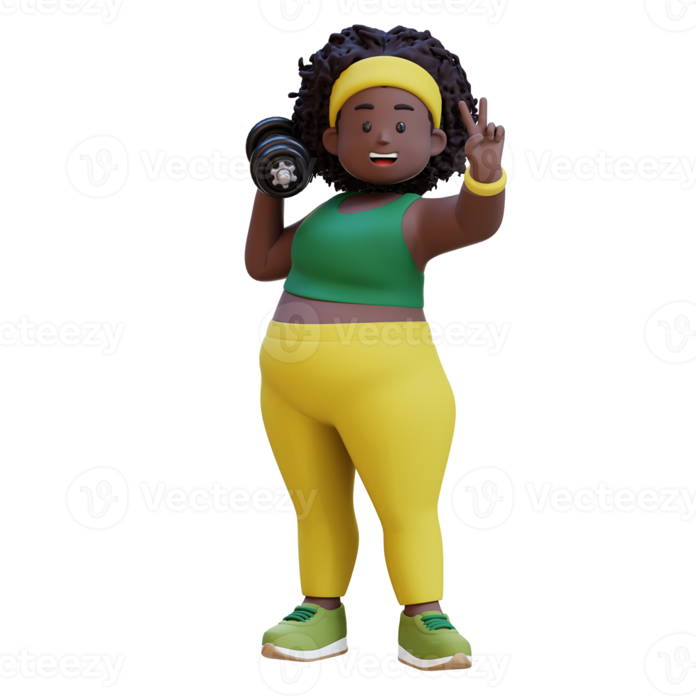 3D Plus Size Overweight african woman with Dumbbells giving peace sign png