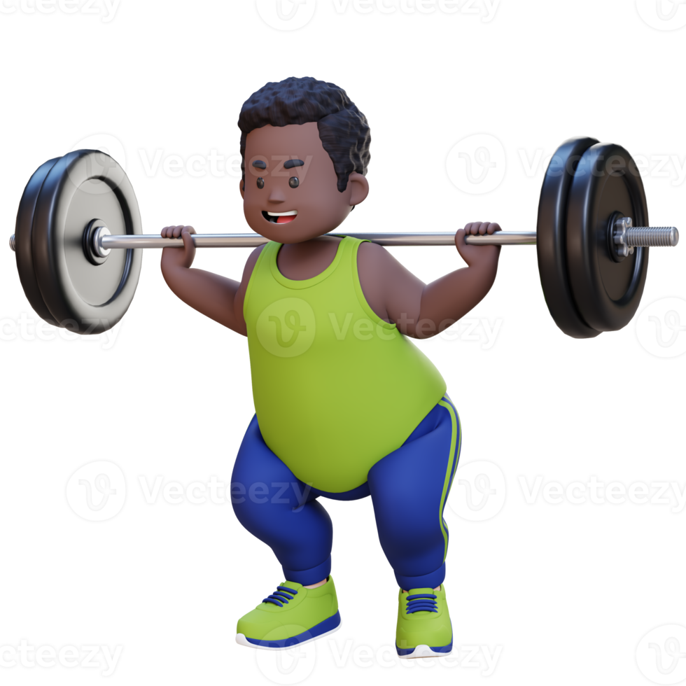 3D Plus Size Overweight obesse african man doing Barbell Squat Workout png