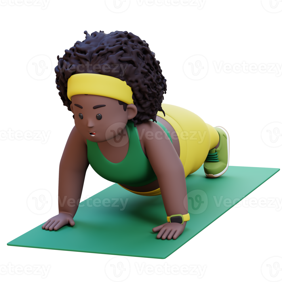 3D Plus Size Overweight african woman Doing Push Ups on a Mat png