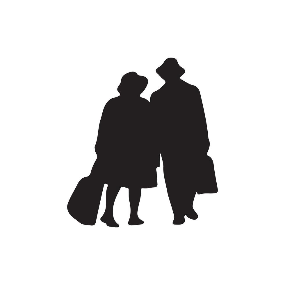 Black Silhouette of Couple Walking Together with Luggage vector