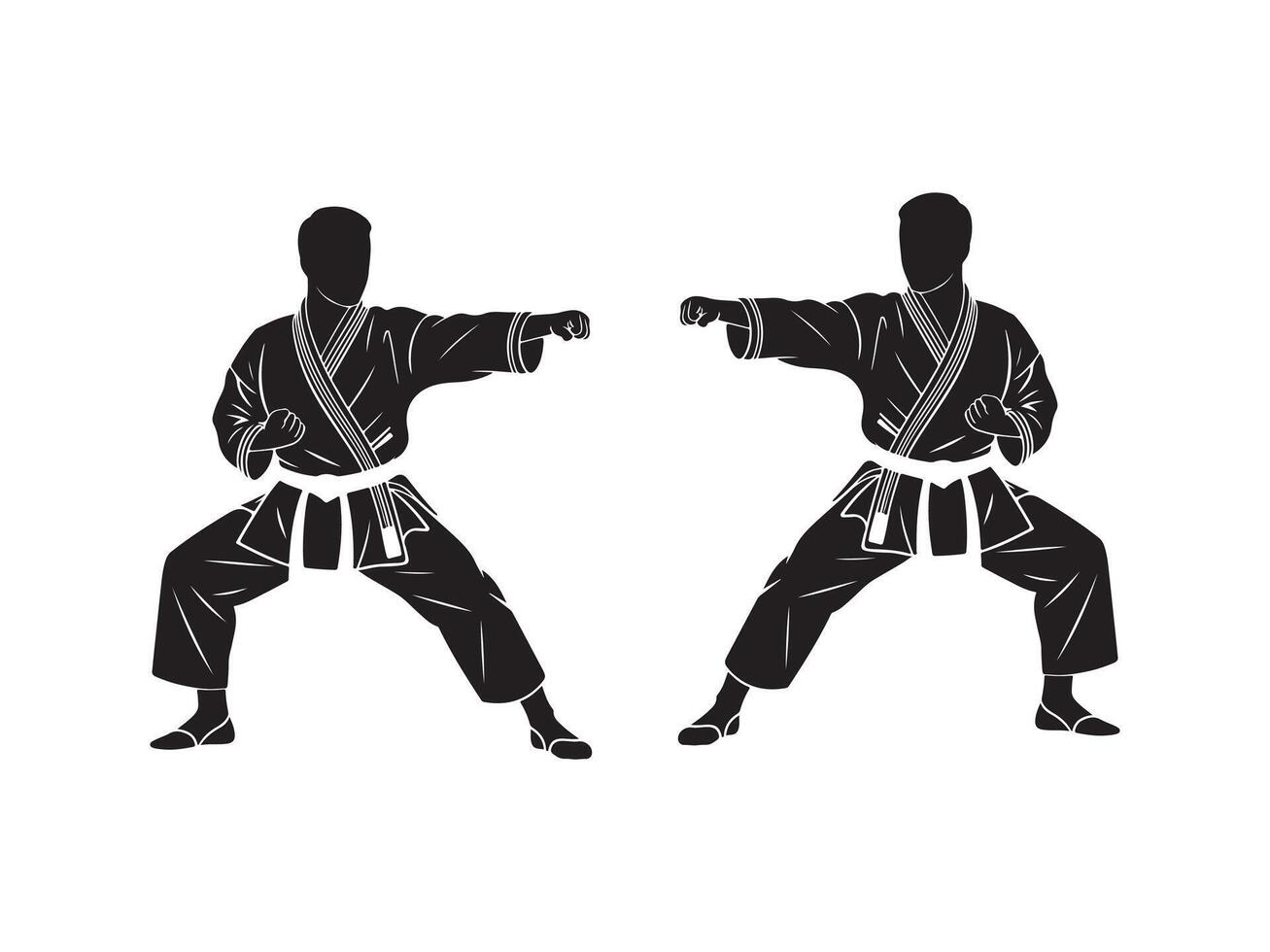 Two Black Silhouetted Karate Practitioners in Fighting Stance vector
