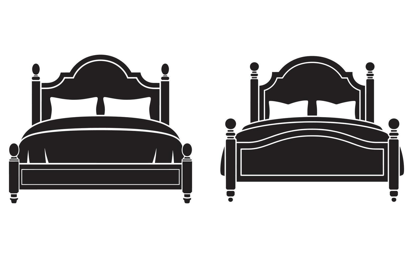 Two Black Bed Silhouettes with Pillows and Bedding on White Background vector
