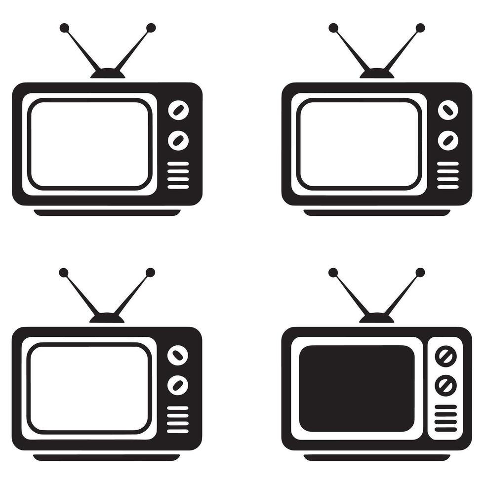 Black and White Retro Television Set Icons on White Background vector