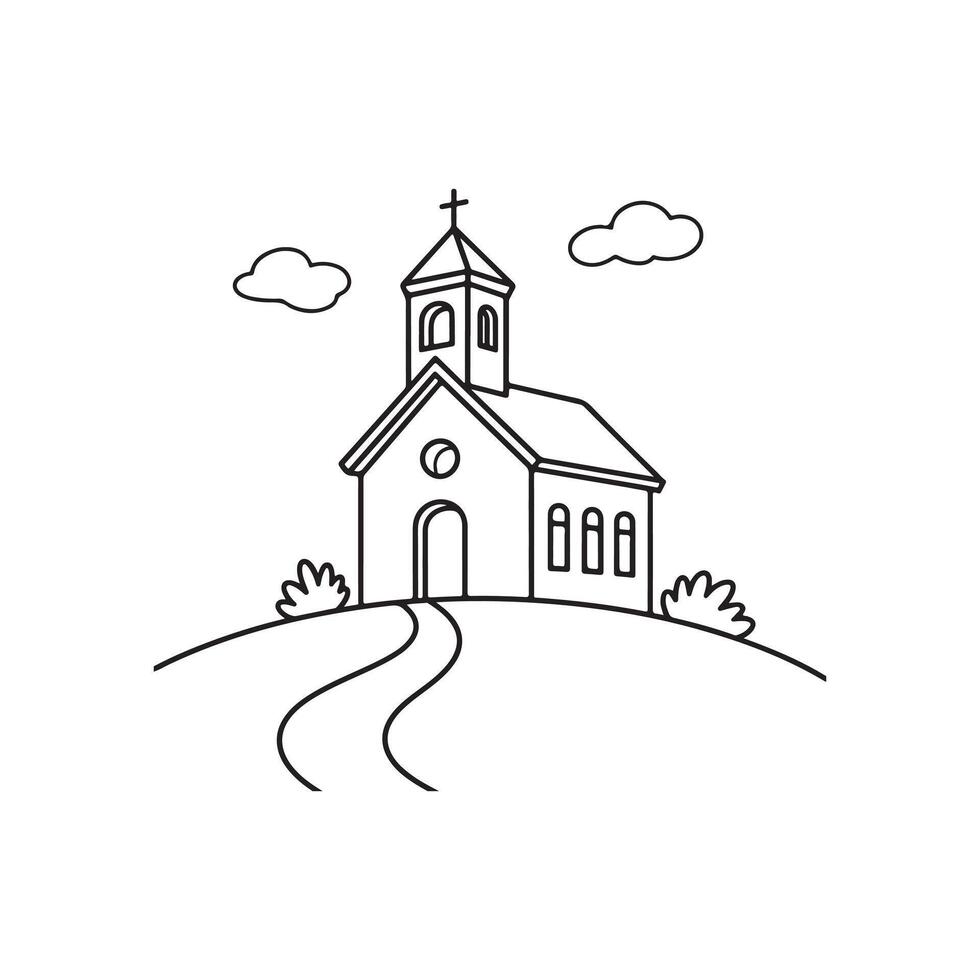 Black and white church building with cross on the hill illustration vector