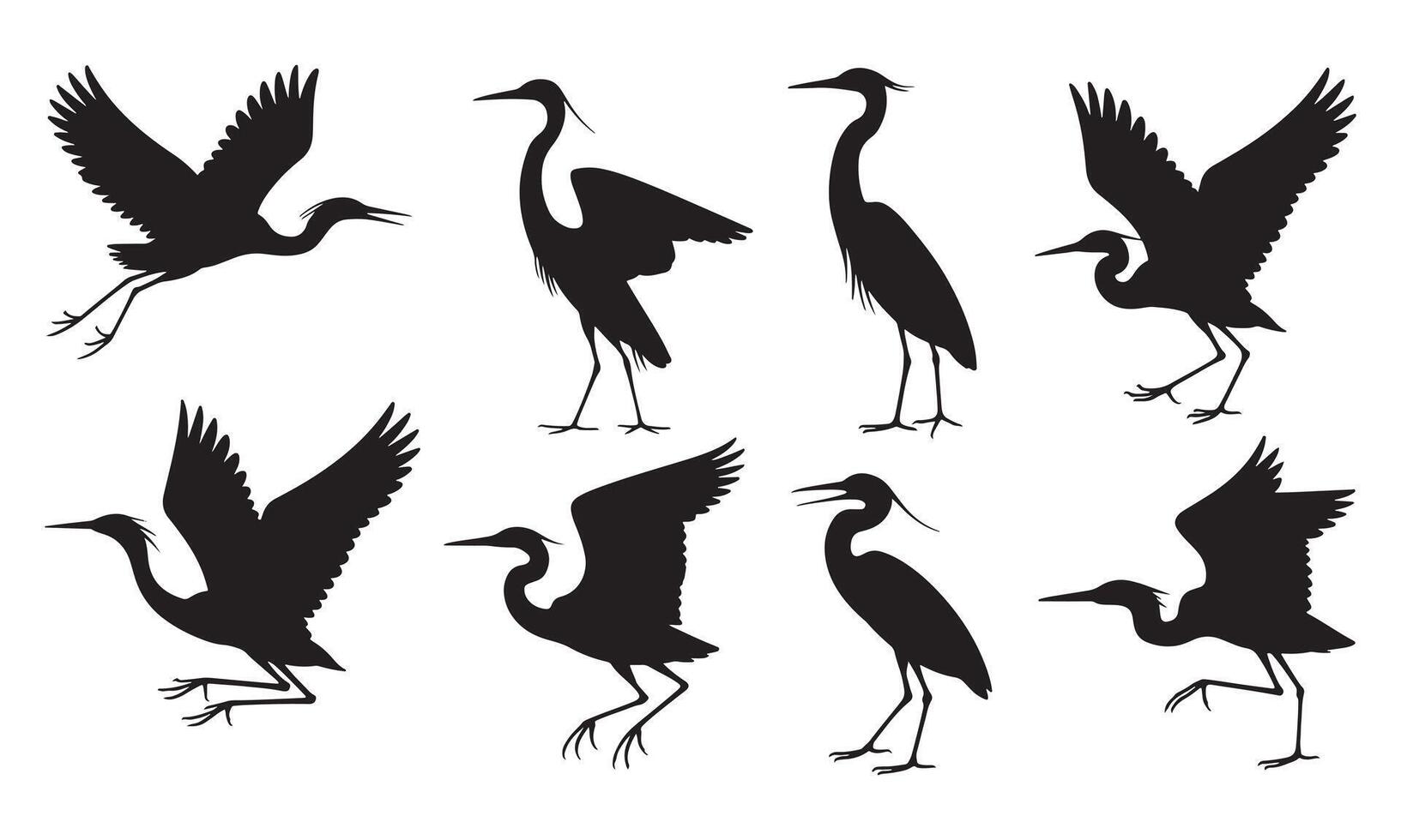 Black Heron Silhouettes in Various Poses Illustration vector