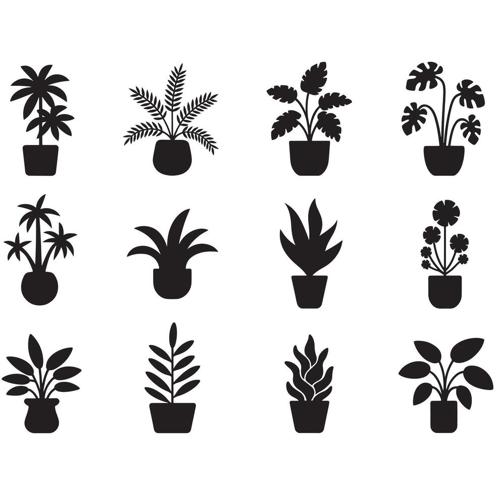 Black Plant Silhouettes in Pots on White Background vector