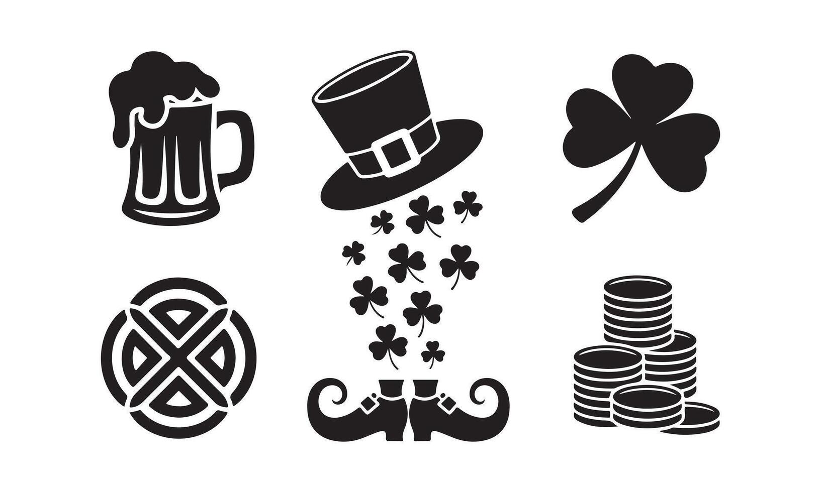 Black and white St Patricks Day symbols beer mug hat shamrocks coins and leprechaun shoes vector