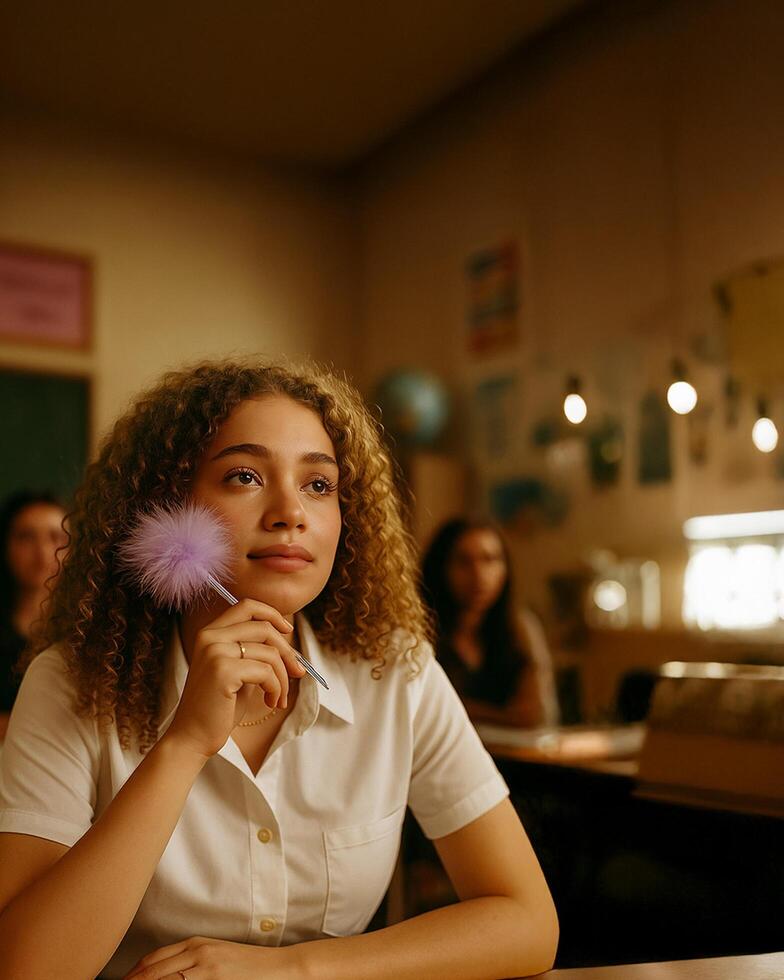 Young female student in a classroom, looking up while holding a pen photo