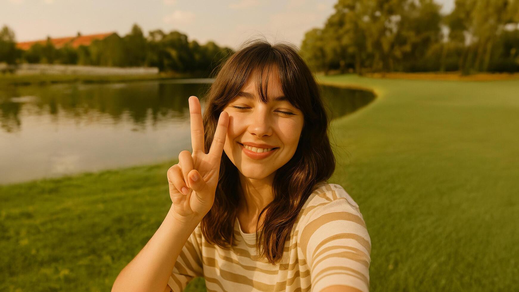 brunette wavy haired girl peace sign photo