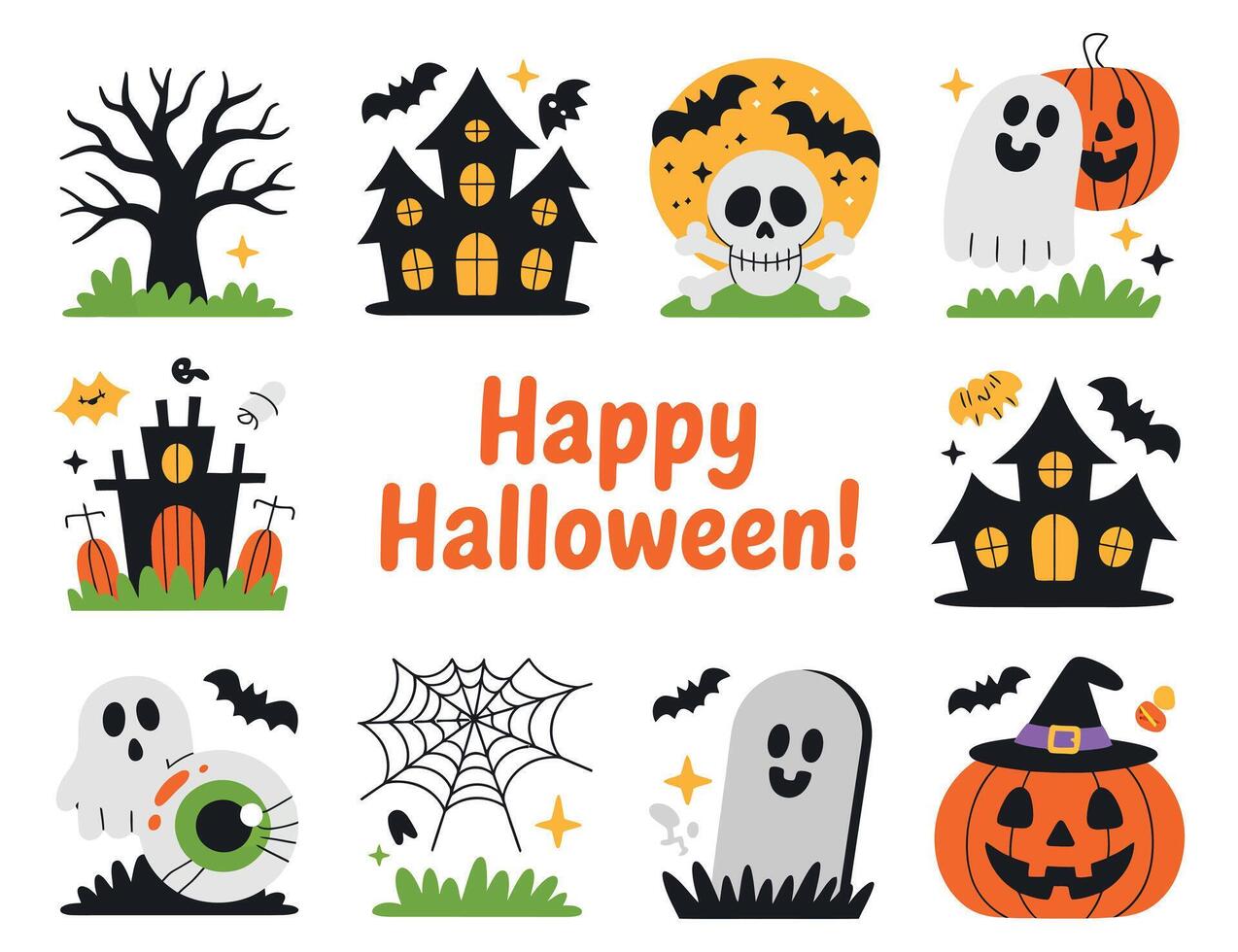 Cute and Colorful Halloween Icons Set with Happy Halloween Greeting Collection simple themed illustrations halloween happy halloween icons illustrations graphics cute colorful spooky vector