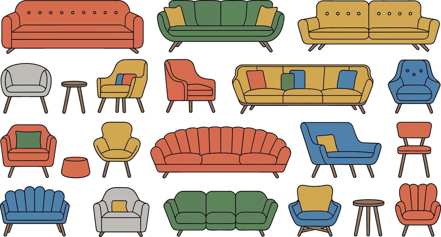 Collection of Colorful Mid Century Modern Furniture Illustration vector